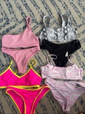SHEIN Mixed Color Women’s Swim Set - Pink, Hot Pink, Black, Snake Print